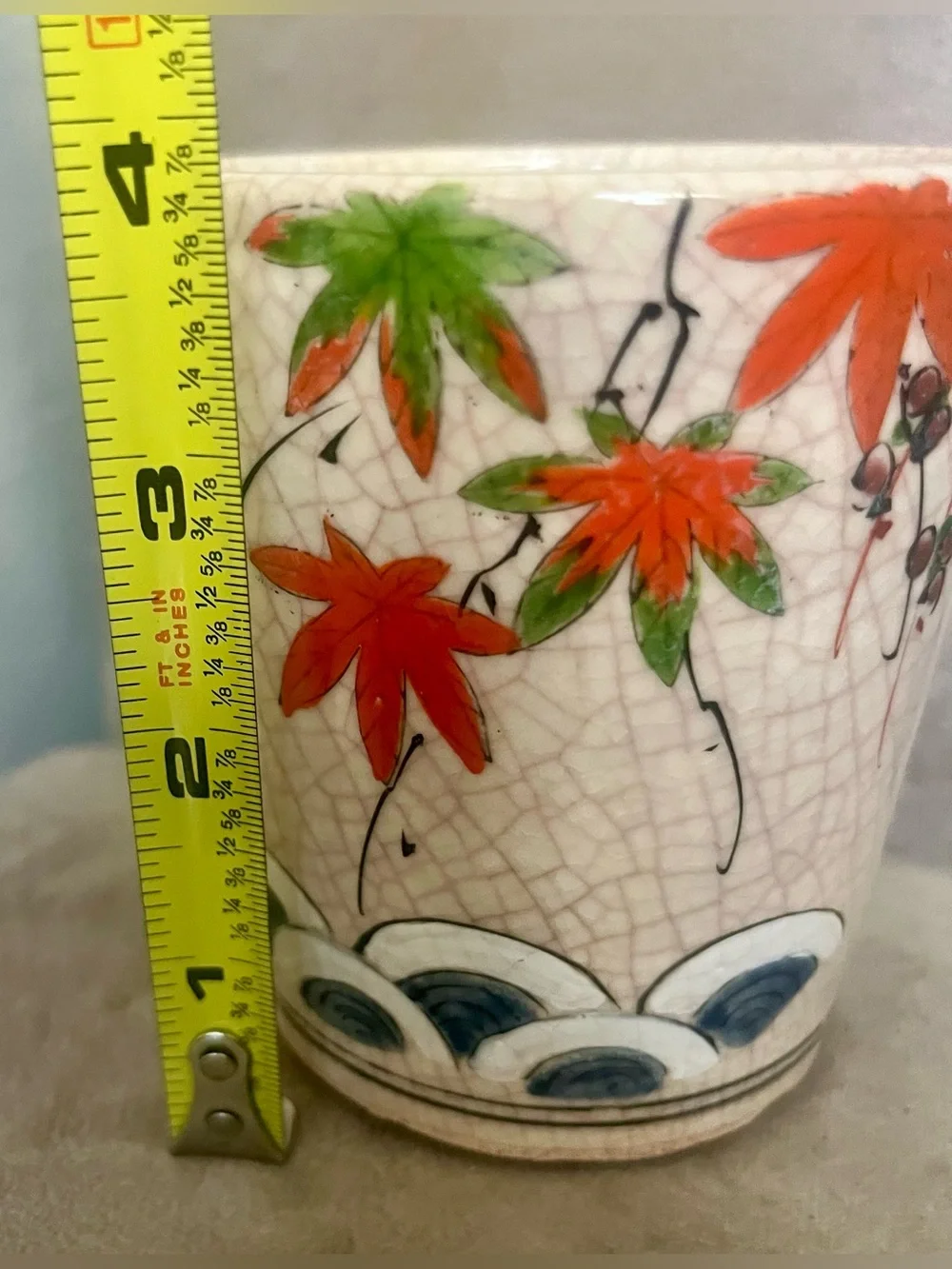 Vintage Japanese Yunomi Tea Cup Signed Maple Crackle Glaze